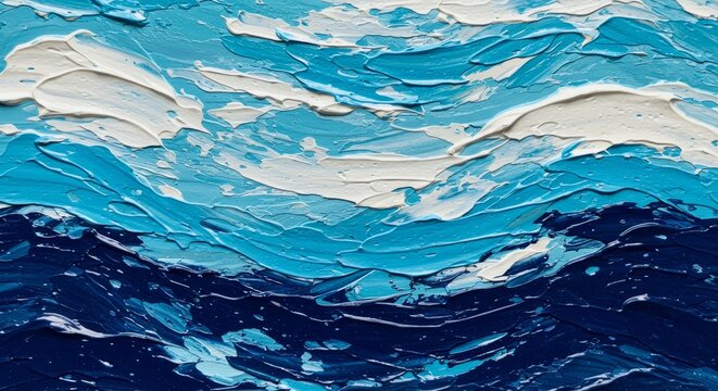 Textured ocean waves painting with blue and white paint strokes