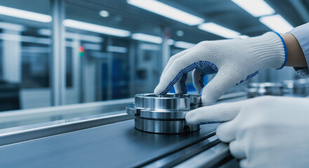 Factory worker conducting quality control inspection on a manufacturing production line professional checking a product on a conveyor belt representing industrial standards and precision