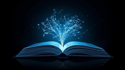 An open book with a glowing digital tree emerging from its pages, symbolizing knowledge and innovation - Powered by Adobe