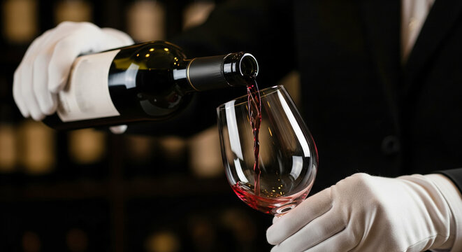 Professional sommelier in a fine dining restaurant pouring expensive red wine from a bottle into an elegant glass a concept of luxury service wine tasting and gourmet lifestyle
