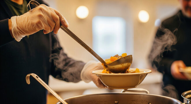 Volunteer serving hot food to the needy in a soup kitchen or homeless shelter a concept of charity community support social work and compassion for fighting hunger and poverty
