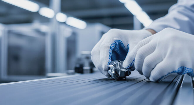 Factory worker conducting quality control inspection on a manufacturing production line professional checking a product on a conveyor belt representing industrial standards and precision