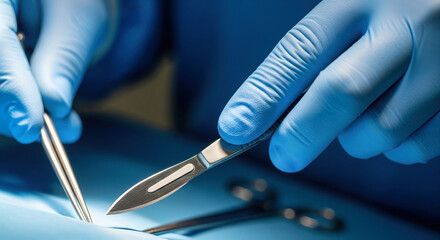 Surgeon's hands in sterile blue gloves performing a delicate operation with a scalpel in a modern operating room representing medical precision healthcare technology and life saving procedures
