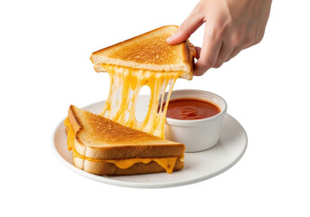 Perfect grilled cheese on toasted sourdough, with gooey cheddar pull and tomato soup, on white plate against transparent background, 45-degree, no shadows, commercial food photography concept.