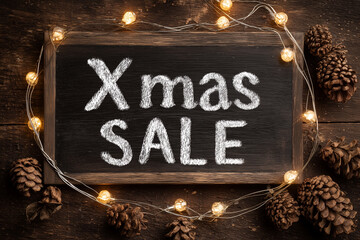 Christmas Sale Chalkboard Banner with String Lights and Pine Cones