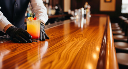 Bartender hands in black gloves placing a cocktail on a clean empty bar counter a nightlife and beverage service background with copy space for a drink menu or event promotion