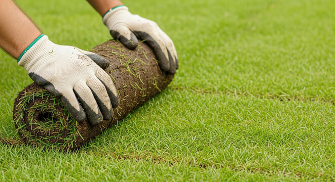 Landscaper's hands installing a new roll of green grass turf a gardening and landscaping service background with plenty of copy space on the lush lawn surface for text
