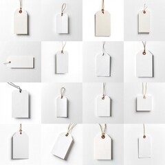 Collection of gift tag hanging from a string on a white wall.