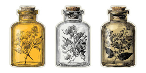 Vintage Glass Bottles with Herbal Illustrations and Cork Lids on Transparent Background