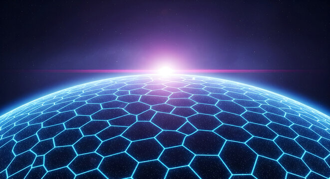 Futuristic Planet Surface with Glowing Hexagonal Grid for Sci-Fi Designs - Powered by Adobe