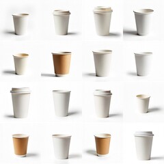 Collection of brown paper coffee cups against white background