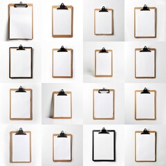 Collection of brown clipboards with a blank white paper on it.