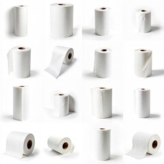Collection of white rolls of paper towel against a white backdrop.