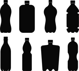 Plastic bottle silhouettes collection, various shapes and sizes, beverage container vector illustration, packaging design concept, recycling, drink storage, eco-friendly product branding resources