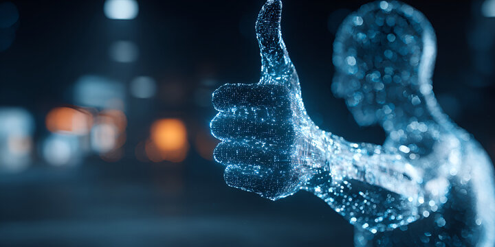 Glowing human figure with digital thumbs up gesture