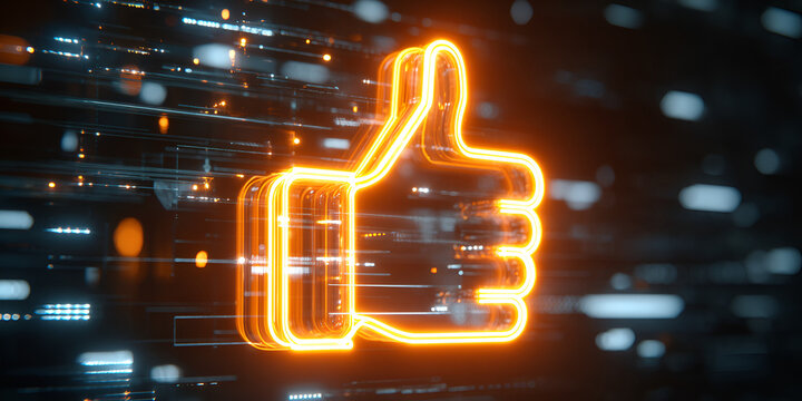 Bright orange thumbs up icon in futuristic tech interface