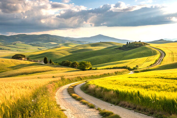 Fototapeta premium Picturesque countryside with rolling hills wheat fields and winding path