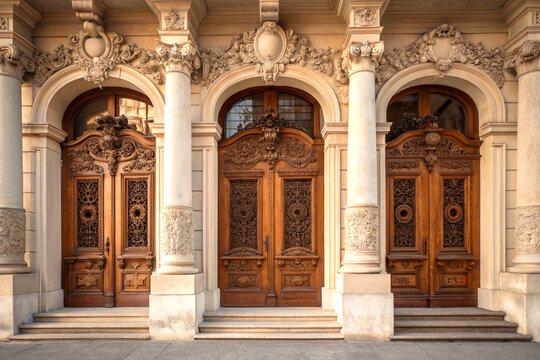 Classic european building facade with columns and carved wooden doors