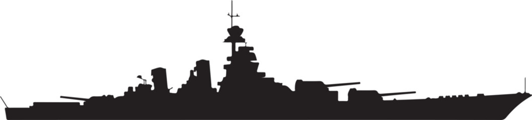 black silhouette of battleship on white background, vector