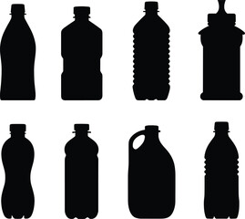 Set of plastic bottle silhouettes in different shapes and sizes, water, soda, juice, container collection, isolated black vector illustration design