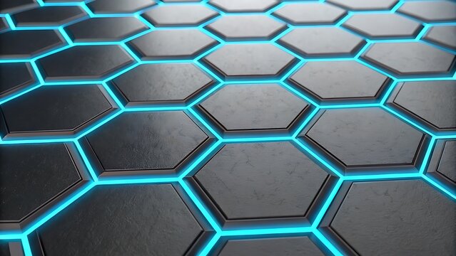 Abstract hexagonal grid with glowing blue neon lines - Powered by Adobe