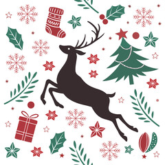 Seamless Christmas Pattern with Reindeer and Holiday Elements &ndash; Vector Design Illustration