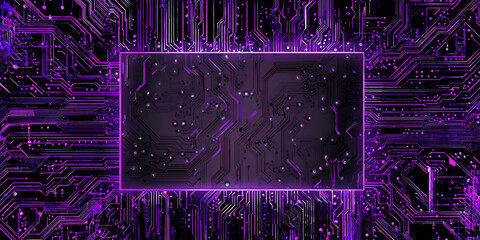 Digital tech background with purple glowing circuitboard and frame