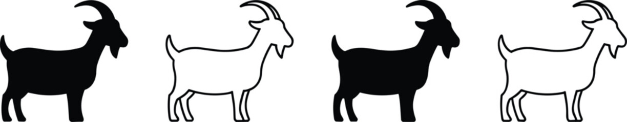 Silhouette and outline illustration of goats in different styles, isolated on white background, perfect for farming, agriculture, livestock, rural countryside, animal vector design concepts