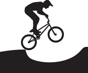 Fototapeta premium Black silhouette of BMX rider jumping, white background, minimal style