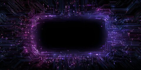 Futuristic glowing digital circuit frame with dark center space