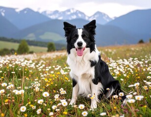 Happy Border Collie in a field of flowers