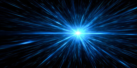 High-speed blue flare with digital particles and light rays explosion