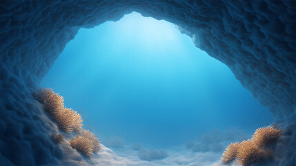 Underwater cave with light shining through turquoise water opening, symbolizing exploration, mystery, adventure and nature. The composition leaves space for creative copy space placement.