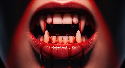 Close up of a vampire's mouth with fangs dripping blood