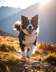 Happy Border Collie running on a mountain path