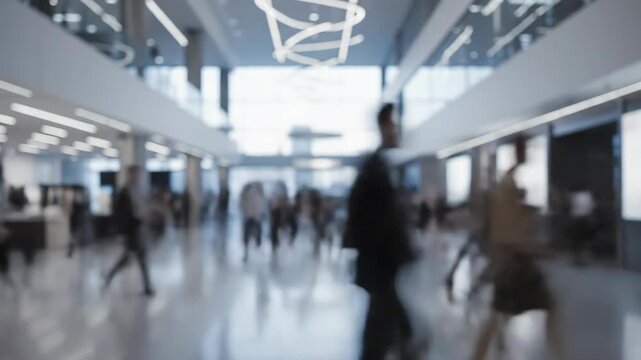 Blurred Timelapse of People Walking in Modern Office Lobby - Abstract background of a busy office lobby with people walking, captured as a motion blur timelapse.