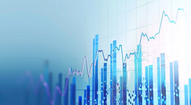 Abstract financial chart showing upward trend with superimposed bar and line graphs in blue hues on a light background