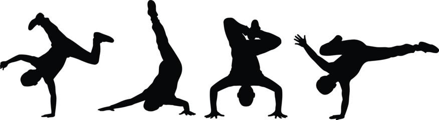Silhouette breakdancers performing acrobatic street dance moves, freestyle hip hop style, urban performance, dynamic poses, artistic expression, breakdance culture and energetic dance illustration