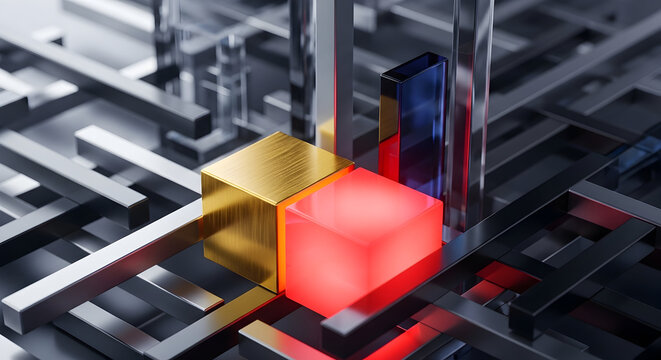 Stunning 3D render with vibrant red and gold cubes highlighting a modern network design concept