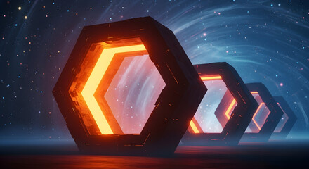 Futuristic portal to another world with glowing orange light in deep space background showing depth