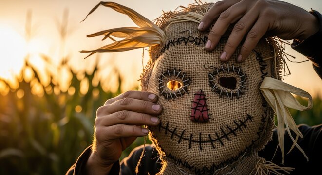 Person wearing a scarecrow mask in a cornfield at sunset