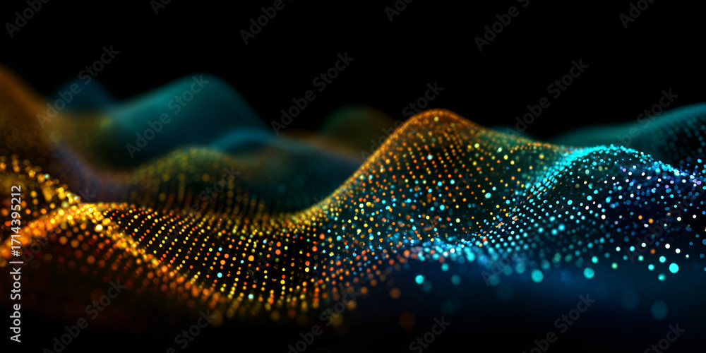Poster blue and orange particle mesh wave in futuristic 3d style
