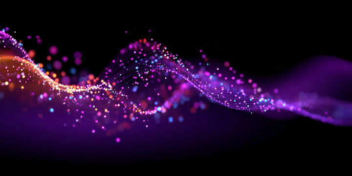 Vibrant digital wave with glowing pink and orange particles on black background