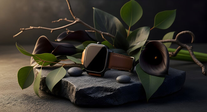 Elegant smartwatch resting on stone with botanical accents, a modern lifestyle tech accessory display