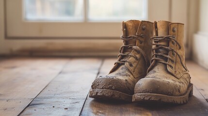 Muddy work boots on wooden floor (1)
