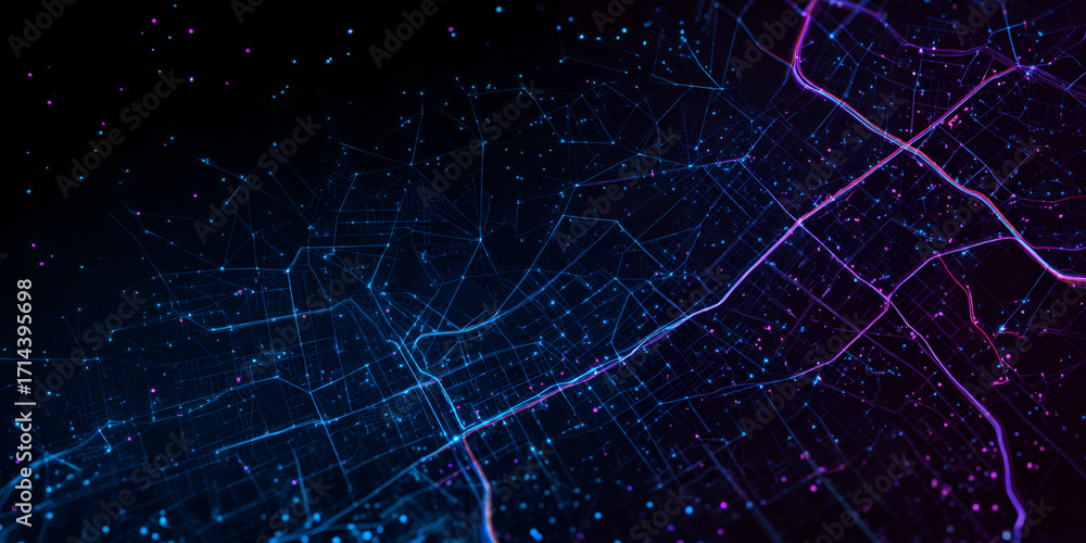 Poster dark futuristic digital background with glowing grid lines and data pathways
