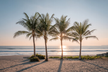 Obraz premium experience enchanting bali vibe as you gaze upon tropical palm trees silhouetted against stunning sunset casting