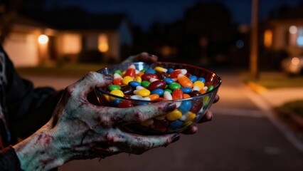 Zombie hands holding a bowl of colorful candy on Halloween night