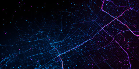 Dark futuristic digital background with glowing grid lines and data pathways