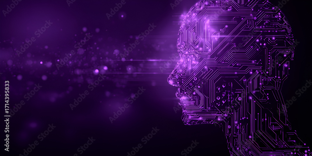 Poster digital head silhouette with glowing purple circuit pattern and data beam